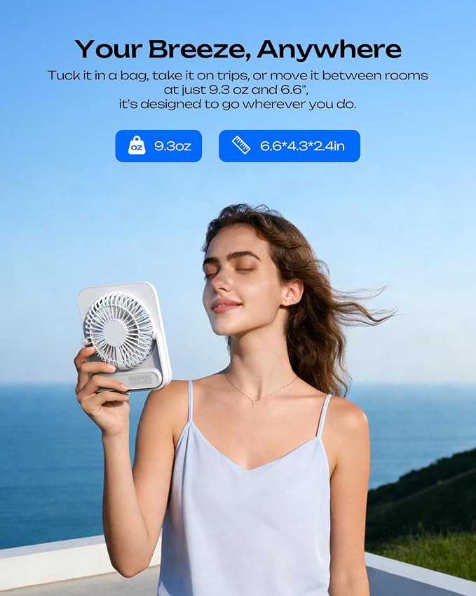 Personal Portable Desk Fan, 4000mAh Small Rechargeable Portable Fan Battery Operated & USB Powered for Travel, alternate view