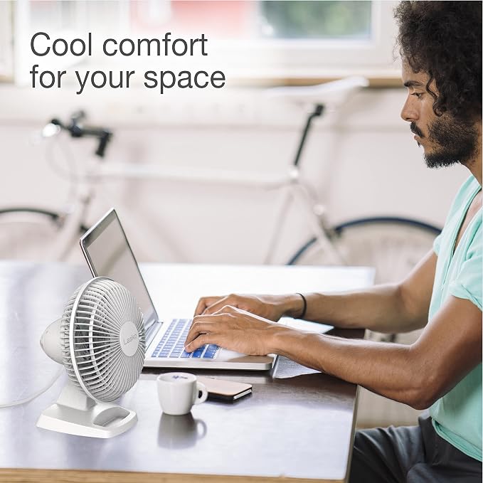 Personal Table Fan with Storage Tray, 2 Quiet Speeds, Tilt-Back Fan Head for Home Office, Bedroom, 6", White, 2002W