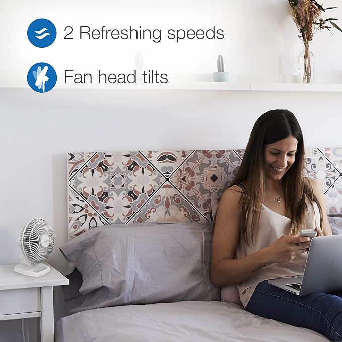 Personal Table Fan with Storage Tray, 2 Quiet Speeds, Tilt-Back Fan Head for Home Office, Bedroom, 6", White, 2002W