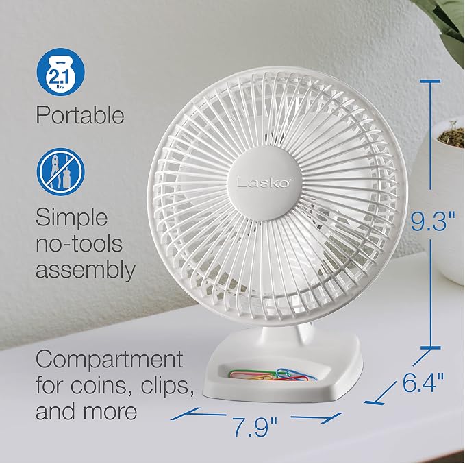Personal Table Fan with Storage Tray, 2 Quiet Speeds, Tilt-Back Fan Head for Home Office, Bedroom, 6", White, 2002W