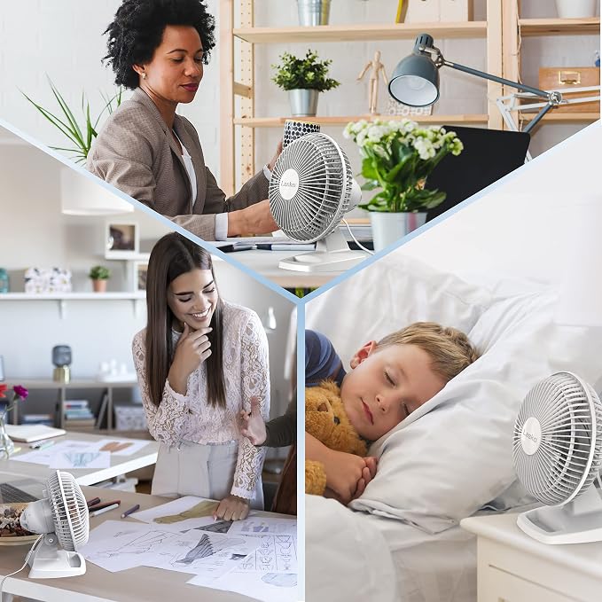 Personal Table Fan with Storage Tray, 2 Quiet Speeds, Tilt-Back Fan Head for Home Office, Bedroom, 6", White, 2002W