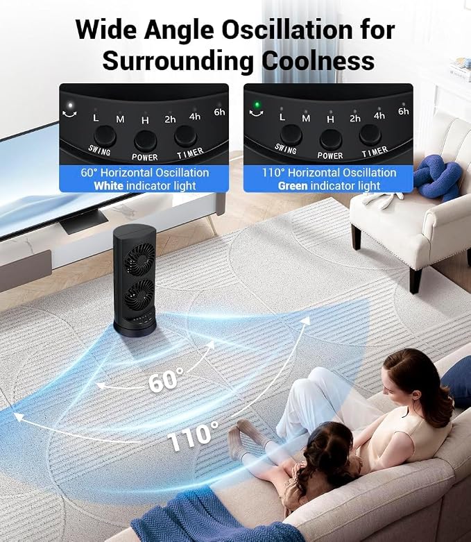 Personal Tower Cooling Fans that Blow Cold Air, Standing Small Desk Fan with 3 Speeds & Timer, 60° & 110° Oscillating Table