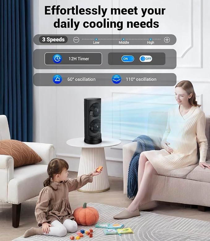 Personal Tower Cooling Fans that Blow Cold Air, Standing Small Desk Fan with 3 Speeds & Timer, 60° & 110° Oscillating Table
