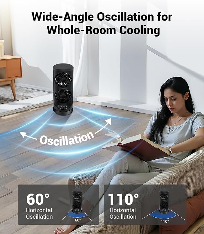 Personal Tower Fan for Bedroom, Portable Desk Table Fan,3 Speeds Cooling Standing Fan with 12H Timer, 60° & 110° Oscillating