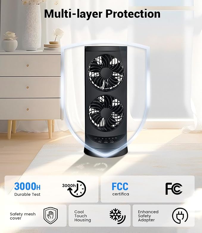 Personal Tower Fan for Bedroom, Portable Desk Table Fan,3 Speeds Cooling Standing Fan with 12H Timer, 60° & 110° Oscillating