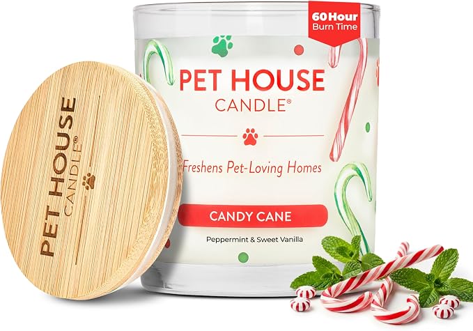 Pet Candle 9 OZ Plant-Based Air Freshening Candle, Clean Burning and Long Lasting with a 60 Hour Burn Time - Candy Cane