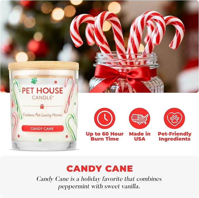 Pet Candle 9 OZ Plant-Based Air Freshening Candle, Clean Burning and Long Lasting with a 60 Hour Burn Time - Candy Cane