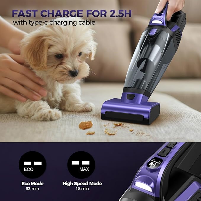 Pet Hair Handheld Vacuum Cordless: 20000PA High Power Car Vacuum with Motorized Brush and LED Light, Rechargeable Hand Held