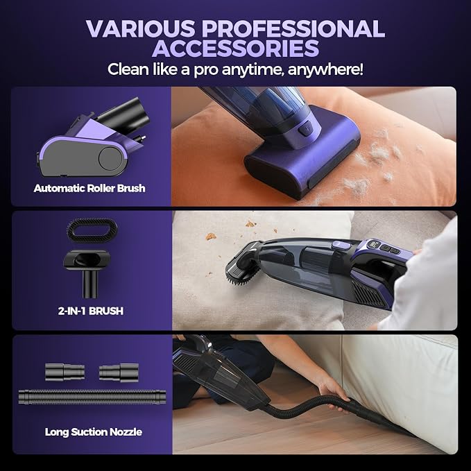 Pet Hair Handheld Vacuum Cordless: 20000PA High Power Car Vacuum with Motorized Brush and LED Light, Rechargeable Hand Held