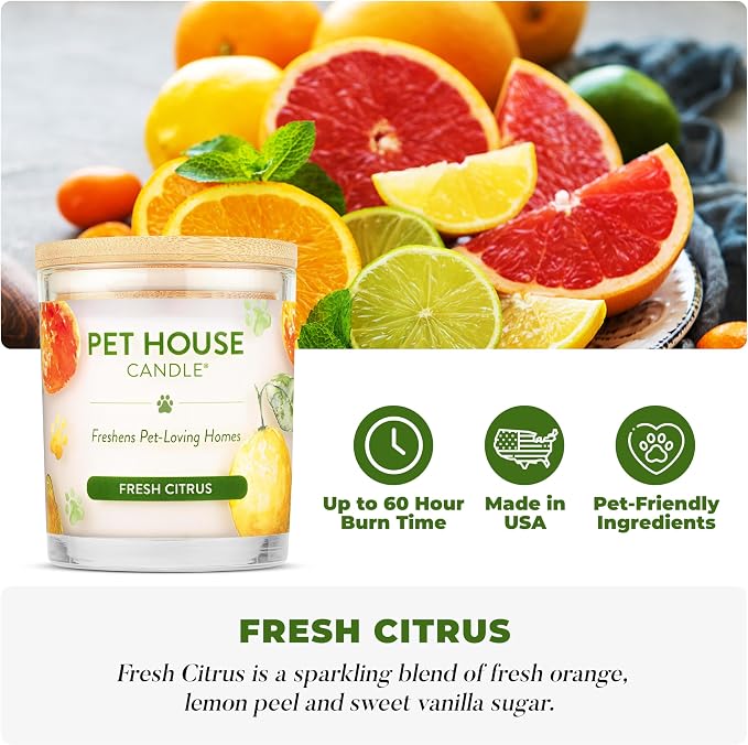 Pet House Candle 2 Pack - Plant-Based/Soy - Clean Burning Scented, Long Lasting Pet Odor Candle for Home - Fresh Citrus