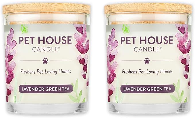 Pet House Candle 2 Pack - Plant-Based/Soy - Clean Burning Scented, Long Lasting Pet Odor Candle for Home - Lavender Green