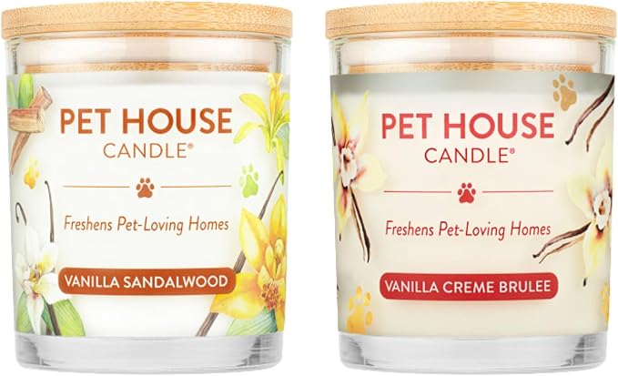 Pet House Candle 2 Pack - Plant-Based/Soy - Clean Burning Scented, Long Lasting Pet Odor Candle for Home - Vanilla