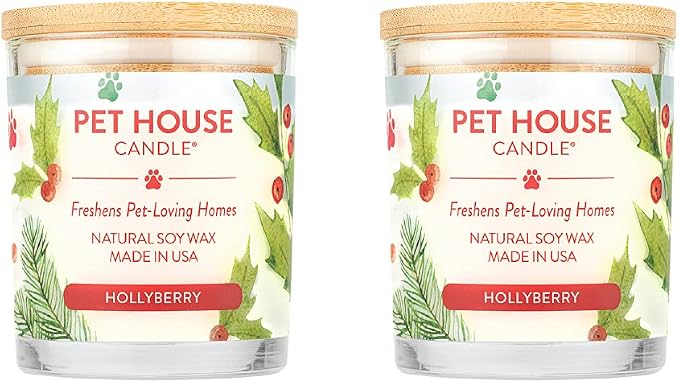 Pet House Candle 2 Pack - Plant-Based/Soy- Clean Burning Scented, Long Lasting Pet Odor Candle for Home - Hollyberry, product