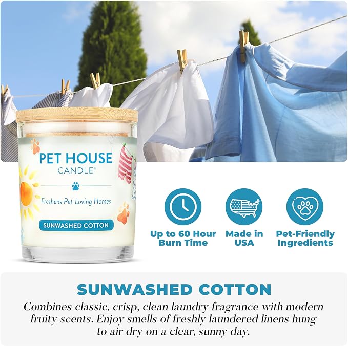 Pet House Candle Plant-Based/Soy - Clean Burning Scented,Long Lasting Pet Odor Candle for Home - Sunwashed Cotton, alternate