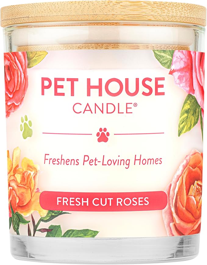 Pet House Candles, Clean Long-Burning, Scented Pet Friendly Candles, Plant-Based, 60 Hour Burn Time - Fresh Cut Roses, 9 oz