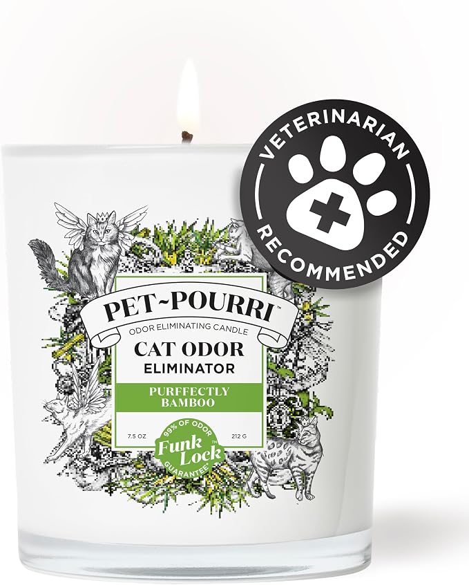 Pet- Purrfectly Bamboo Cat Deodorizer Candle – Cat Safe Plant Based Ingredients & Wax – Vet Approved – Aromatherapy &