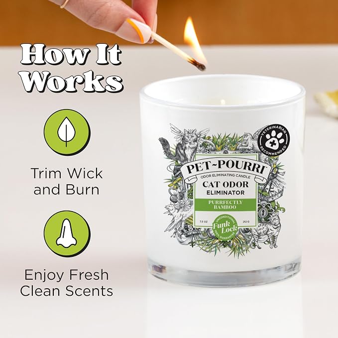 Pet- Purrfectly Bamboo Cat Deodorizer Candle – Cat Safe Plant Based Ingredients & Wax – Vet Approved – Aromatherapy &