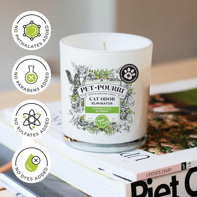 Pet- Purrfectly Bamboo Cat Deodorizer Candle – Cat Safe Plant Based Ingredients & Wax – Vet Approved – Aromatherapy &