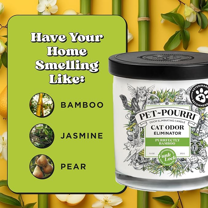 Pet- Purrfectly Bamboo Cat Deodorizer Candle – Cat Safe Plant Based Ingredients & Wax – Vet Approved – Aromatherapy &