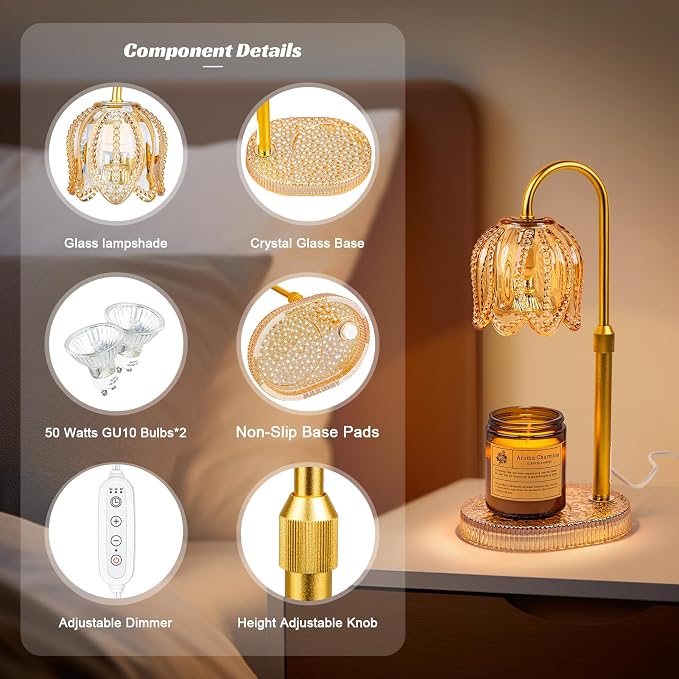 Petal Candle Warmer Lamp with Timer & Dimmable Light Champagne Gold, alternate product view 6