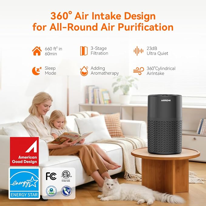 Pets Air Purifier for Home Allergies,Up to 660 ft2.HEPA Deodorizing Activated Carbon Filter,With Fragrance Sponge for Better