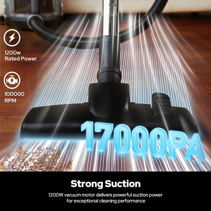 Canister Vacuum Cleaner, 17KPA Suction Vac for Carpets/Hard Floors, Lightweight Bagless Canister Vacuum with HEPA, 2