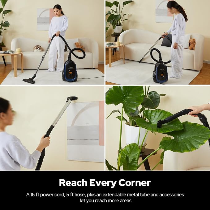 Canister Vacuum Cleaner, 17KPA Suction Vac for Carpets/Hard Floors, Lightweight Bagless Canister Vacuum with HEPA, 2