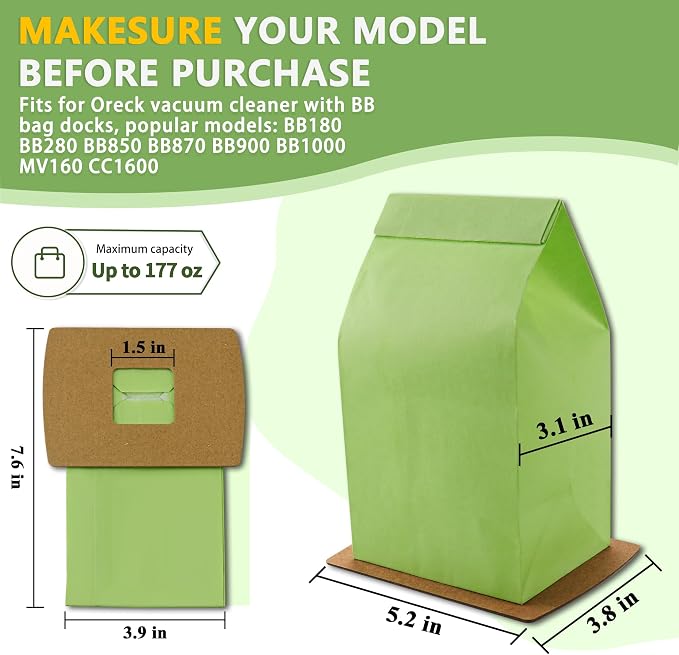 PKBB12DW Type BB Compact Canister Vacuum Bags Replacement for Oreck XL Buster B Canister Handheld Vacuum Cleaner BB180 BB280