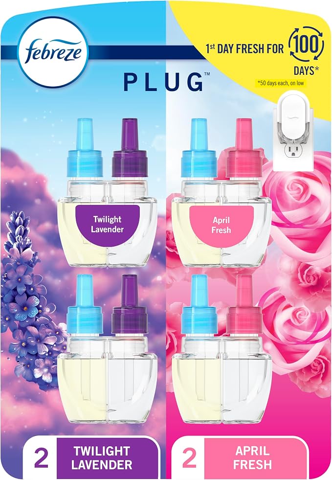 Plug In Air Freshener, Odor-Fighting Scented Oil Refill, Twlight Lavender and Downy April Fresh Scents, 4 Refills, product