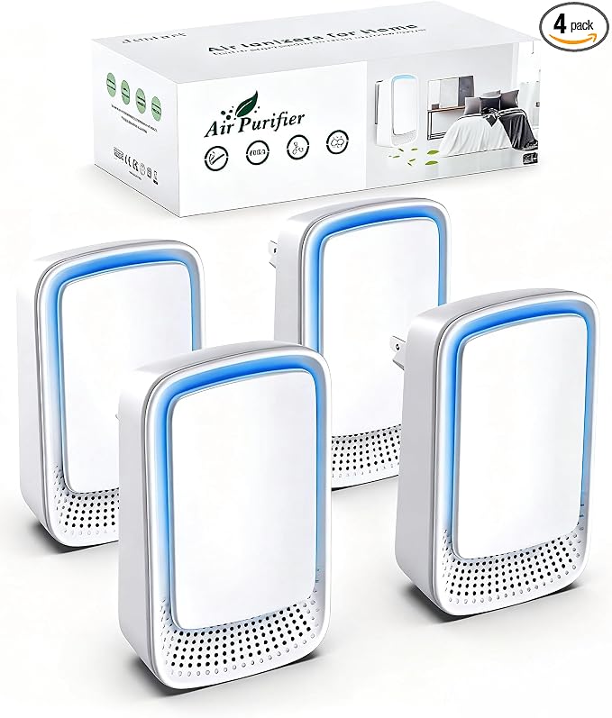 Plug In Air Ionizer Purifier for Home (4 Pack), Negative Ion Generator, Quiet Air Freshener for Bedroom, Office, Kitchen