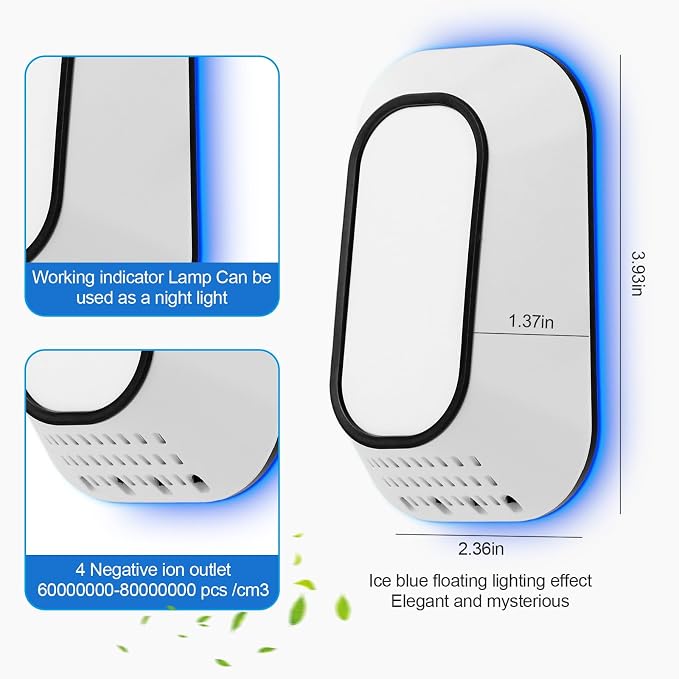 Plug in Air Ionizers 3-Pack, Negative Ion Air Purifier with Ice Blue Light, 2W Ultra-Low Energy Ionic Air Purifiers for home