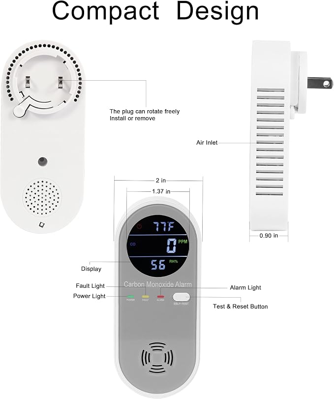 Plug in Carbon Monoxide Detector, Carbon Monoxide Alarm,Real-time Digital Display 3-in-1 Level: PPM,°F & Humidity, Co