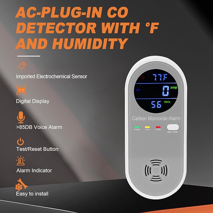 Plug in Carbon Monoxide Detector, Carbon Monoxide Alarm,Real-time Digital Display 3-in-1 Level: PPM,°F & Humidity, Co
