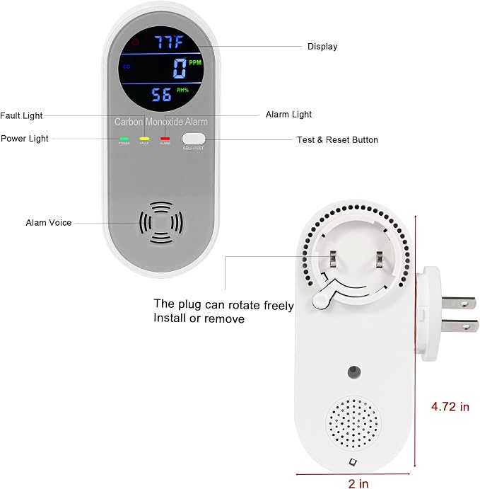 Plug in Carbon Monoxide Detector, Carbon Monoxide Alarm, 3-in-1 Real-time Digital Display CO Level, Fahrenheit(°F) &