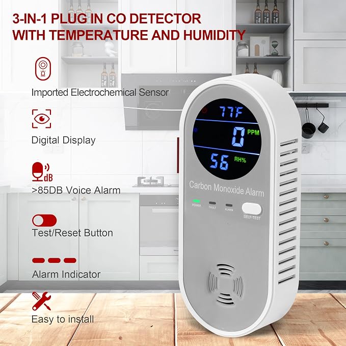 Plug in Carbon Monoxide Detector, Carbon Monoxide Alarm, 3-in-1 Real-time Digital Display CO Level, Fahrenheit(°F) &