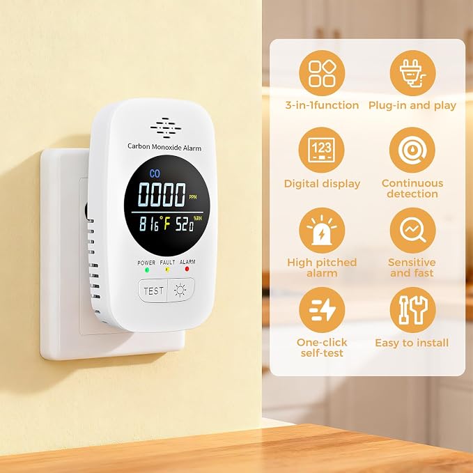 Plug-in Carbon Monoxide Detector (Not Smoke Detector), 3-in-1 CO Monitor with Temperature & Humidity Display, Voice Alert