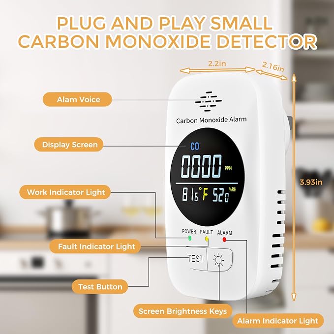 Plug-in Carbon Monoxide Detector (Not Smoke Detector), 3-in-1 CO Monitor with Temperature & Humidity Display, Voice Alert