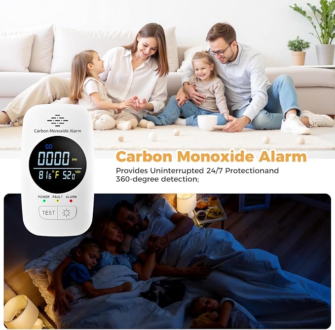 Plug-in Carbon Monoxide Detector (Not Smoke Detector), 3-in-1 CO Monitor with Temperature & Humidity Display, Voice Alert