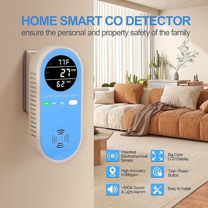 Plug-in Carbon Monoxide Detector with Real-Time CO Display & Temperature/Humidity Monitor, Plug-in CO Alarm for Home, RV