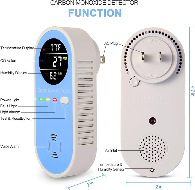 Plug-in Carbon Monoxide Detector with Real-Time CO Display & Temperature/Humidity Monitor, Plug-in CO Alarm for Home, RV