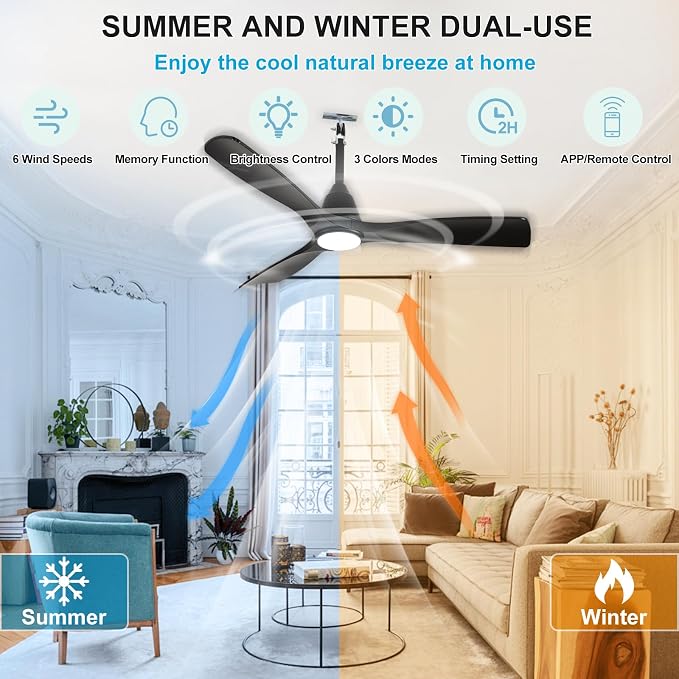 Plug-in Ceiling Fans for Patios: 42 Inch Outdoor Indoor Gazebo Fans with Lights with Remote & APP Control - 6 Speeds