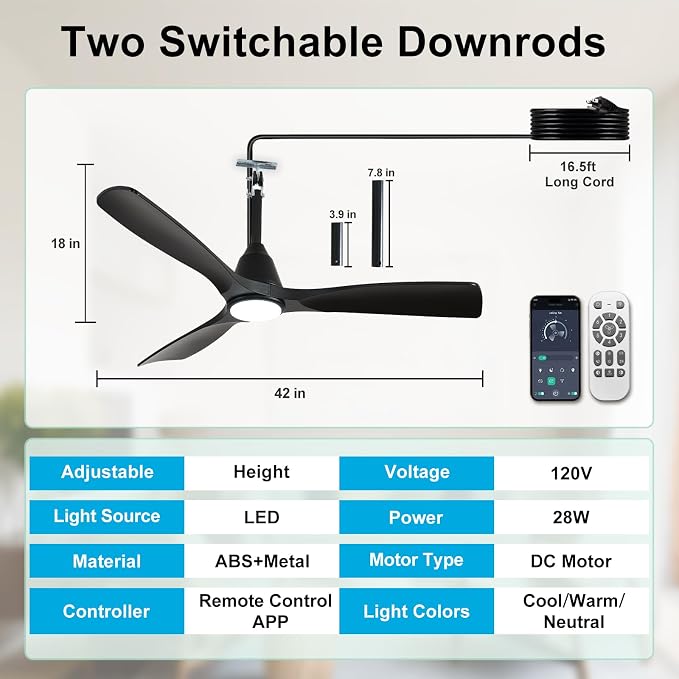 Plug-in Ceiling Fans for Patios: 42 Inch Outdoor Indoor Gazebo Fans with Lights with Remote & APP Control - 6 Speeds