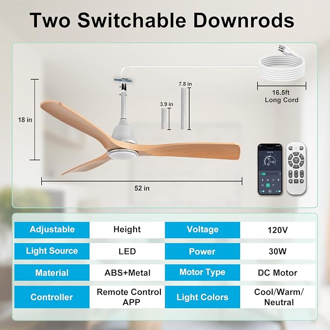 Plug-in Ceiling Fans with Light: 52 Inch Outdoor Ceiling Fans with Remote/APP Control - 6 Speed Reversible LED Gazebo Fans