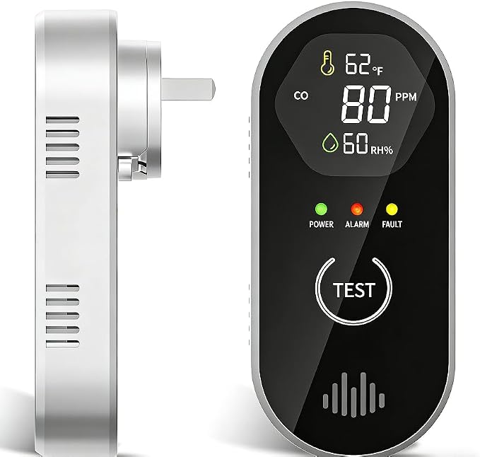Plug-in CO Detector with LCD, 3-in-1 Monitors CO Temperature Humidity, 85dB Alarm, for Home Office RV Travel, product image