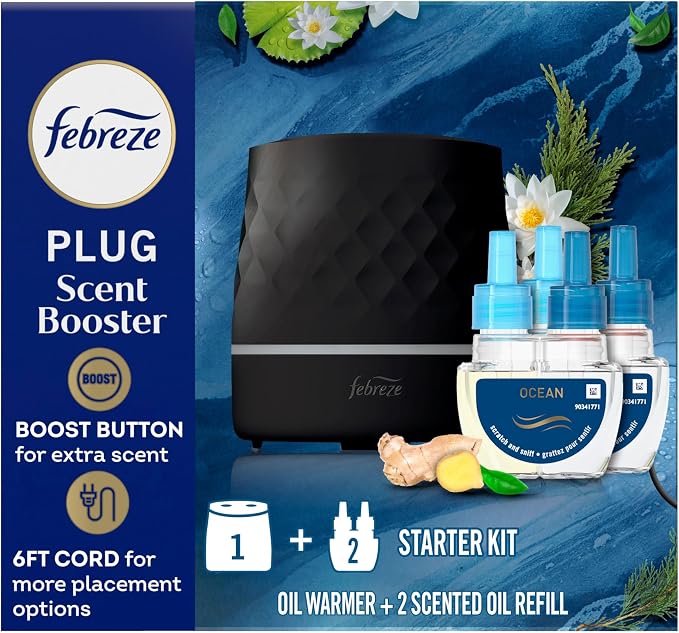 PLUG Scent Booster Starter Kit, Black, Oil Diffuser, Air Freshener Plug In, Continuous Scent Device + 2 Ocean Refills