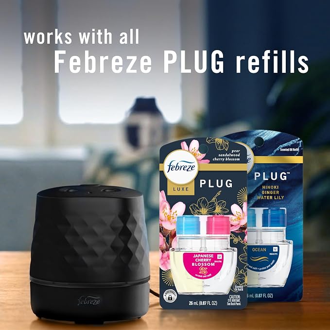 PLUG Scent Booster Starter Kit, Black, Oil Diffuser, Air Freshener Plug In, Continuous Scent Device + 2 Ocean Refills