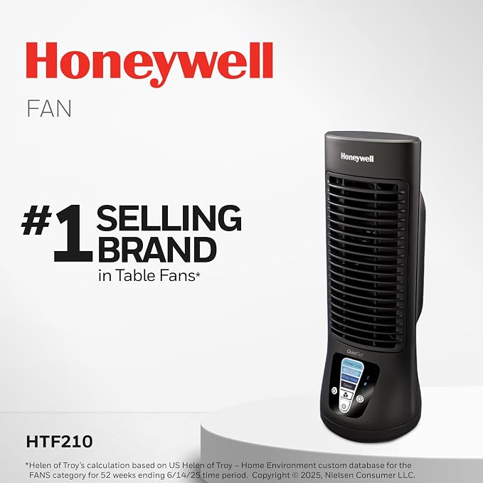 PluggedIn HTF210B QuietSet Personal Table Fan, Black – Oscillating Personal Fan with Quiet Operation and 4 Levels of