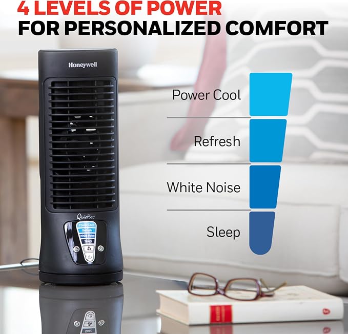 PluggedIn HTF210B QuietSet Personal Table Fan, Black – Oscillating Personal Fan with Quiet Operation and 4 Levels of