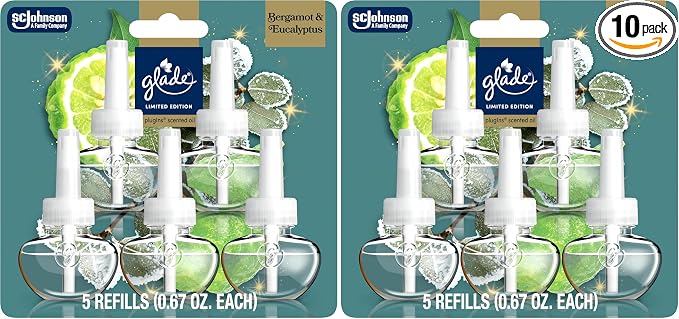 PlugIns Refills Air Freshener,Bergamot & Eucalyptus,Scented and Essential Oils for Home and Bathroom,0.67 Fl Oz,(Pack of 10)
