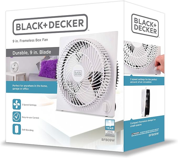 Portable 9 Inch Box Fan, 3 Speed Settings & Self Standing,White 9 Inch Black, alternate product view 7